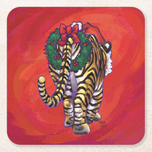 Porta-copo De Papel Quadrado Tigre Natal em Vermelho