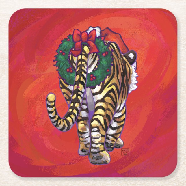 Porta-copo De Papel Quadrado Tigre Natal em Vermelho (Frente)