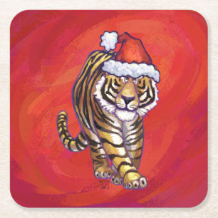 Porta-copo De Papel Quadrado Tigre Natal em Vermelho