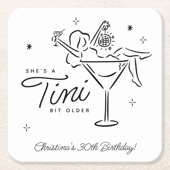 Porta-copo De Papel Quadrado Tini Bit Older Whimsical Martini Birthday (Frente)