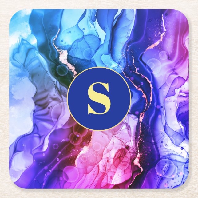 Porta-copo De Papel Quadrado Tinta Líquida Azul, Roxo E Violeta Vermelha, Monog (Frente)