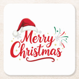 Porta-copo De Papel Quadrado Tipografia Feliz Natal com Chapéu de Papai Noel e