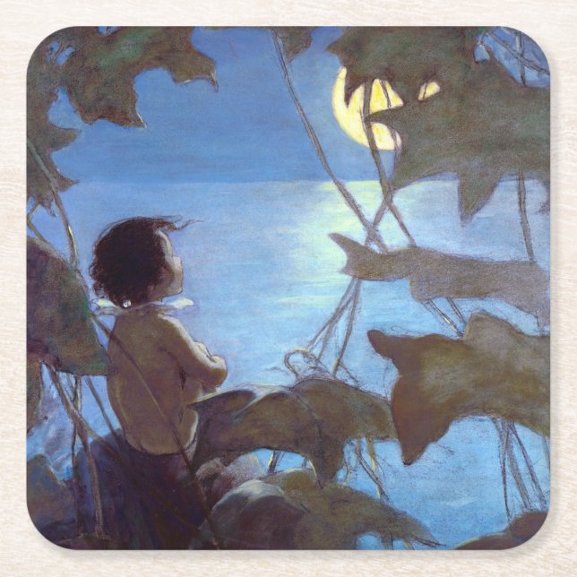 Porta-copo De Papel Quadrado Tom Assistindo a Lua, Jessie Willcox Smith (Frente)