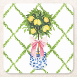 Porta-copo De Papel Quadrado Topiaria de Limão em Chinoiserie com Laço Rosa