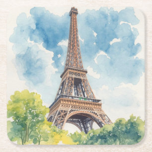 Porta-copo De Papel Quadrado Torre Eiffel Aquarela Paris França Pintada