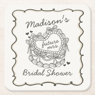 Porta-copo De Papel Quadrado Torta Coquette de Coração Retro com Laço Bege Chá 