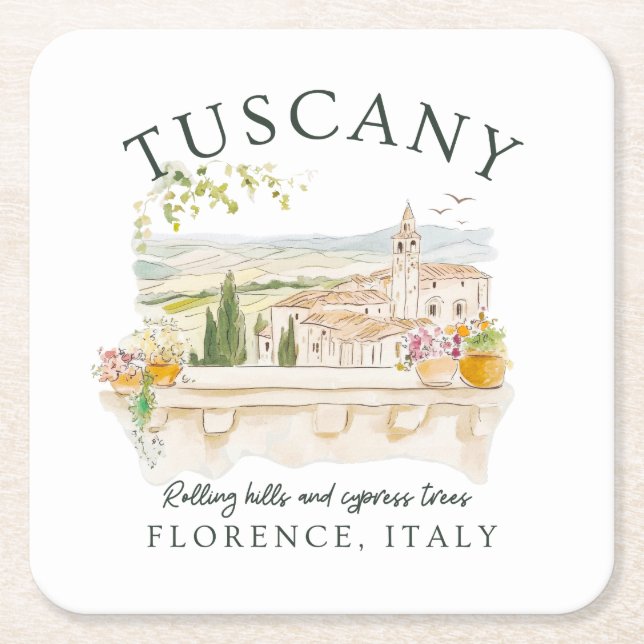 Porta-copo De Papel Quadrado Toscana Itália - Florença Colinas e Cypress Trees (Frente)