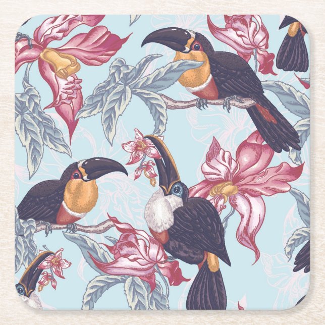 Porta-copo De Papel Quadrado Toucans com flores exóticas (Frente)