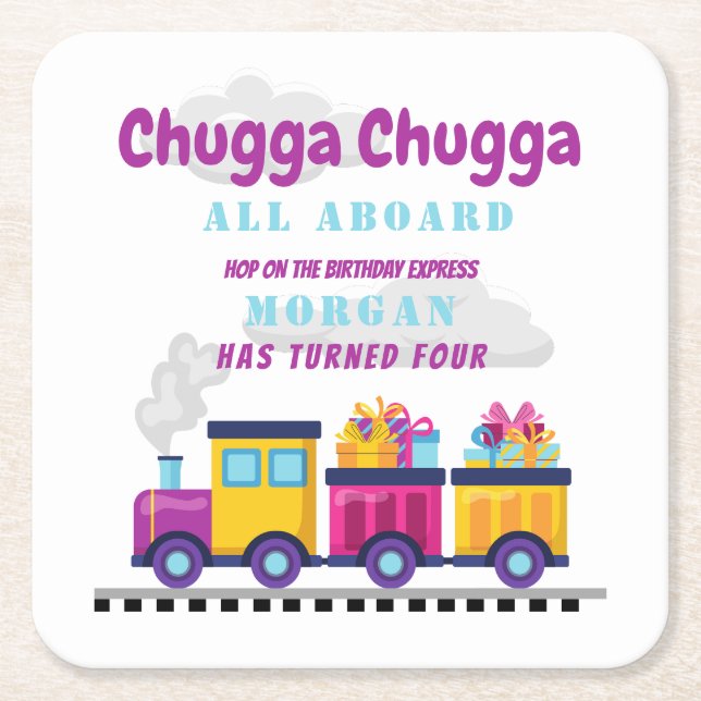 Porta-copo De Papel Quadrado Train Chugga Choo Cartoon Qualquer Idade Aniversár (Frente)