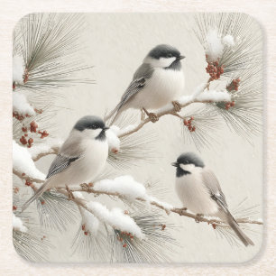 Porta-copo De Papel Quadrado Três Chickadees em um Galho de Pinheiro Coberto de