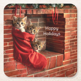 Porta-copo De Papel Quadrado Três gatinhos em uma meia de Natal em papel