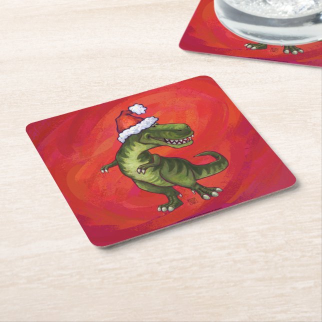 Porta-copo De Papel Quadrado TRex Dino em Santa Hat em Vermelho (Inclinado)