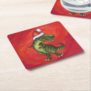 Porta-copo De Papel Quadrado TRex Dino em Santa Hat em Vermelho