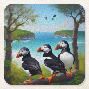 Porta-copo De Papel Quadrado Trio Costeiro: Três Puffins na Praia em Óleos