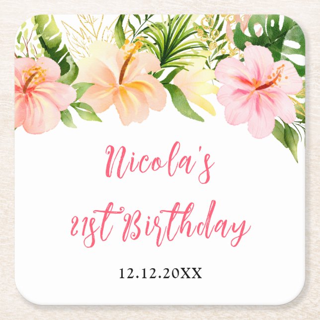 Porta-copo De Papel Quadrado Tropical Jungle Floral Birthday (Frente)