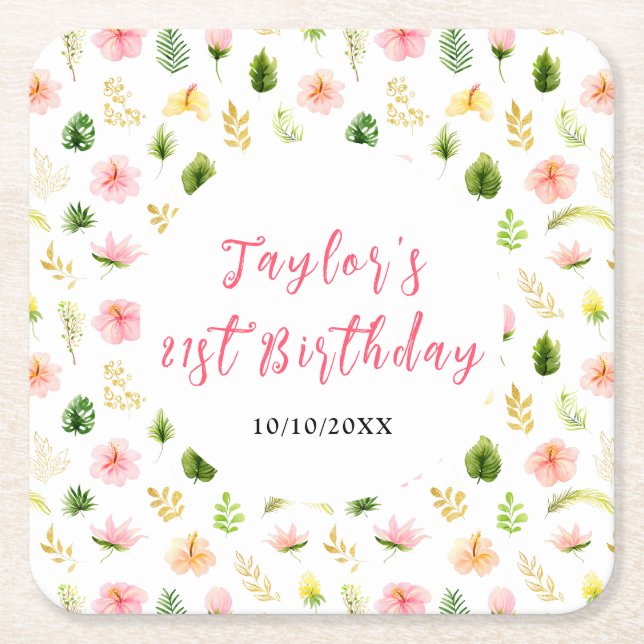 Porta-copo De Papel Quadrado Tropical Jungle Floral Birthday (Frente)