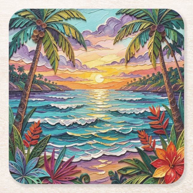 Porta-copo De Papel Quadrado Tropical Paradise | Coastal Beach Scene Impasto (Frente)