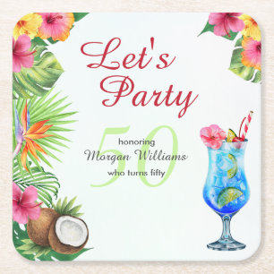 Porta-copo De Papel Quadrado Tropical Summer Dine e Cocktail de 50° aniversário