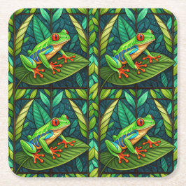 Porta-copo De Papel Quadrado Tropical-themed coasters with vibrant green leaves