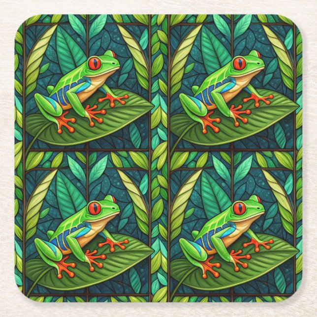 Porta-copo De Papel Quadrado Tropical-themed coasters with vibrant green leaves (Frente)