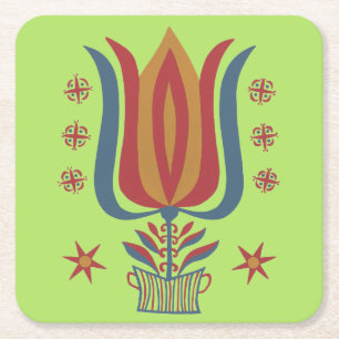 Porta-copo De Papel Quadrado Tulipas brilhantes e Arte Folclórica Geométrica Am