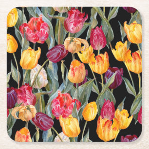 Porta-copo De Papel Quadrado Tulipas coloridas, fundo preto isolado.