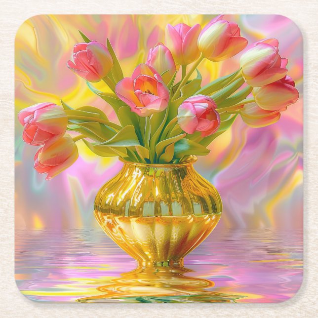 Porta-copo De Papel Quadrado Tulipas Rosa Vibrantes em Vase Ouro (Frente)