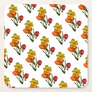 Porta-copo De Papel Quadrado Tulipas vermelhas e flores de narciso amarelo