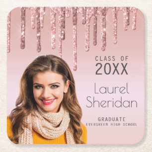 Porta-copo De Papel Quadrado Turma de Graduada de 20XX Brilho Rosa Personalizad