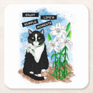 Porta-copo De Papel Quadrado Tuxedo Cat e Lily   Cotação Inspirativa
