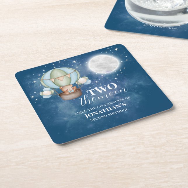 Porta-copo De Papel Quadrado Two The Moon Boy Bear Balloon 2nd Birthday  (Inclinado)