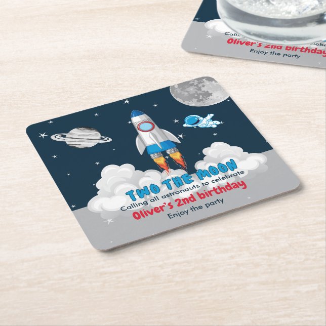 Porta-copo De Papel Quadrado Two The Moon Boy Space Rocket 2nd Birthday  (Inclinado)