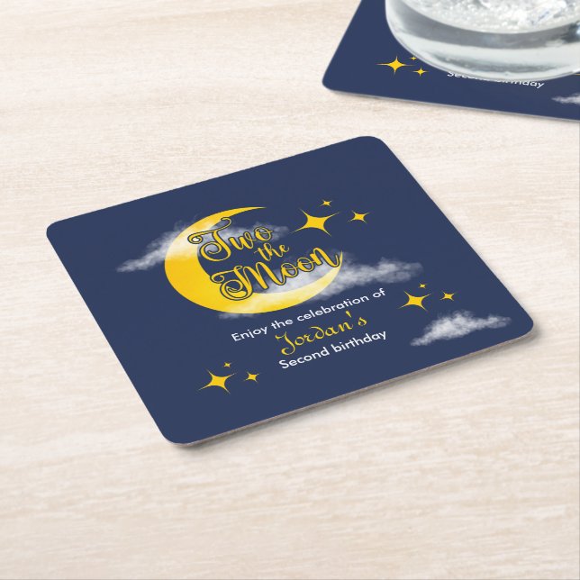 Porta-copo De Papel Quadrado Two The Moon Elegant Gender Neutral 2nd Birthday  (Inclinado)