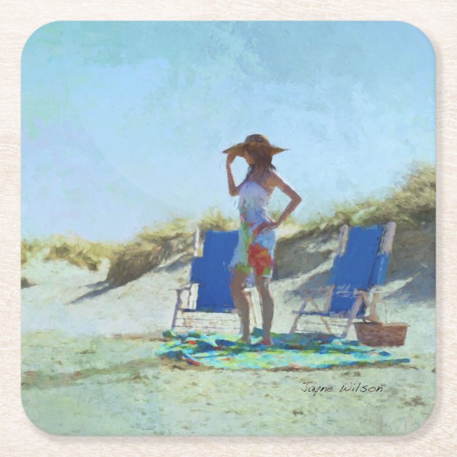 Porta-copo De Papel Quadrado Um dia na praia (Frente)