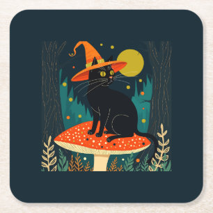 Porta-copo De Papel Quadrado Um Pequeno Gato Preto Bruxo Sentado Em Um Cogumelo