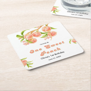 Porta-copo De Papel Quadrado Um primeiro aniversario de Fruta de pêssego doce