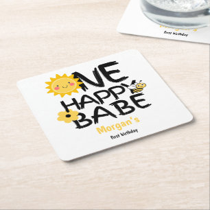 Porta-copo De Papel Quadrado Um primeiro aniversario Feliz, Bebê Amarelo Solare