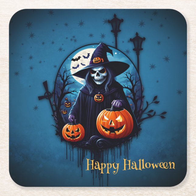 Porta-copo De Papel Quadrado Uma cena assustadora do Dia das Bruxas (Frente)