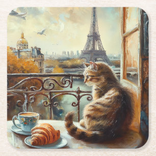 Porta-copo De Papel Quadrado Uma manhã em Paris   Ginger Cat em um café
