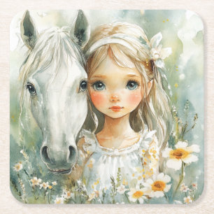 Porta-copo De Papel Quadrado Uma Menina com um Cavalo