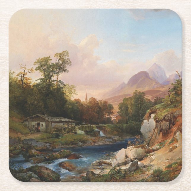 Porta-copo De Papel Quadrado Uma paisagem de montanha com um Smithy (Frente)