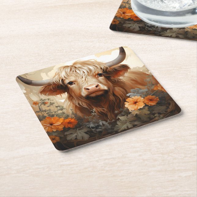 Porta-copo De Papel Quadrado Uma Série Floral Highland Cow Design 2 (Inclinado)