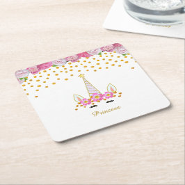 Porta-copo De Papel Quadrado Unicórnio, Flores Rosa & Confetes Dourados