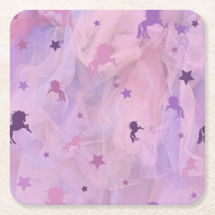 Porta-copo De Papel Quadrado unicórnio rosa e roxo e design estrelado - garotas