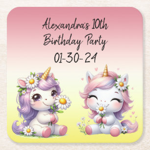 Porta-copo De Papel Quadrado Unicórnios e margaridas, festa de aniversário infa
