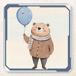 Porta-copo De Papel Quadrado Urso Balão Azul na Xadrez do Sweater Castanho