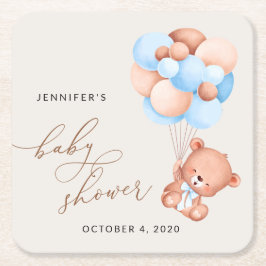 Porta-copo De Papel Quadrado Urso Bebê, Urso Teddy, Balões Azuis, Chá de fralda