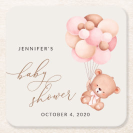 Porta-copo De Papel Quadrado Urso Bebê, Urso Teddy, Balões Rosa, Chá de fraldas