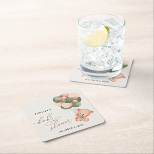 Porta-copo De Papel Quadrado Urso Bebê, Urso Teddy, Balões Verdes, Chá de frald