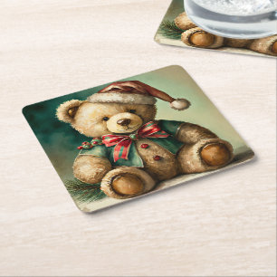 Porta-copo De Papel Quadrado Urso de pelúcia de Natal vintage